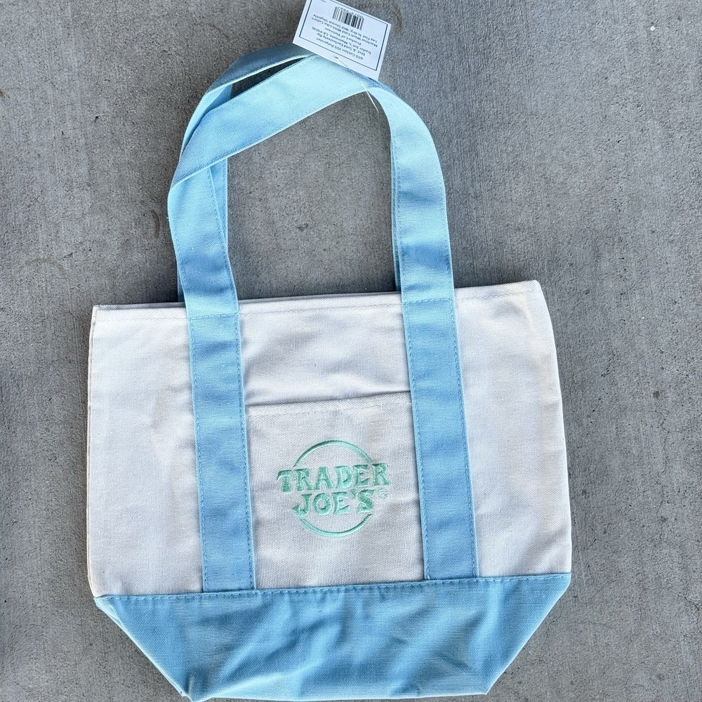 Trader Joe's Blue Pastel Mini Canvas Tote Lunch Personal Hand Bag Reusable NWT